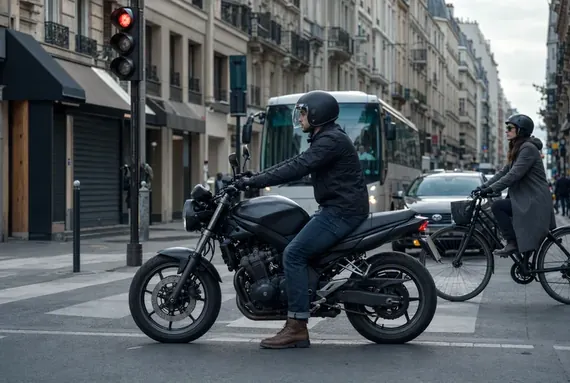 Motorka stojící na červenou ve městě, krátká jízda