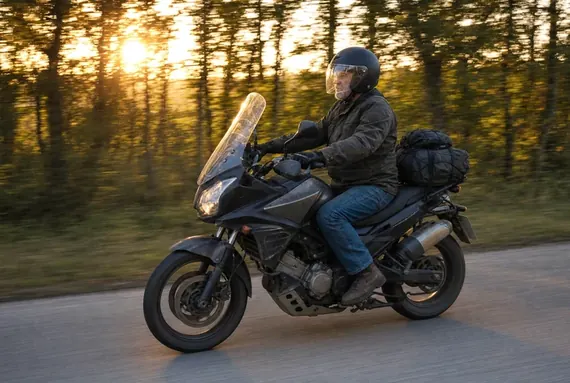 Motorkář na naložené cestovní motorce, dlouhá cesta při západu slunce